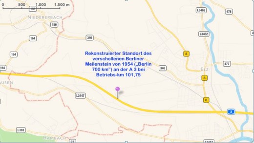 Bild 1 Rekonstruierter Standort des Berliner Meilensteins bei Betriebs-km 101,75 an der A 3(© Karte Google; Einzeichnungen und Text: R. Ruppmann)