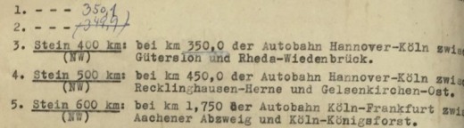 Bild 7 Ausschnitt aus der Abschrift des BMV-Rundschreibens mit handschriftlichem Vermerk der Straßenmeisterei Oelde für den Aufstellungsort des Meilensteins bei Spexard (Quelle: Akte der Autobahnmeisterei Oelde; © Foto Michael Damm)