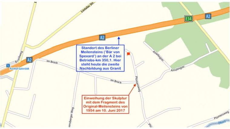 Bild 12 Standort des Berliner Meilensteins an der A 2 bei Betriebs-km 350,1 (© Karte Google; Einzeichnungen und Text: R. Ruppmann)