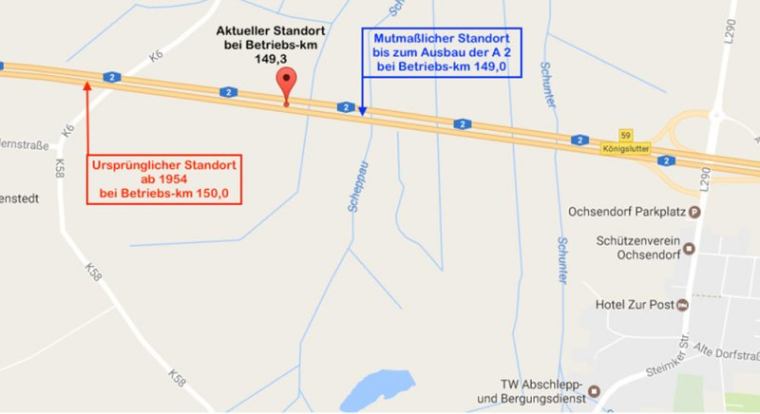 Bild 17 Aktueller und rekonstruierte Standorte des Berliner Meilensteins bei Königslutter (Quelle: Bären für Berlin www.m1k.de; © Karte Google; Einzeichnungen und Text R. Ruppmann)