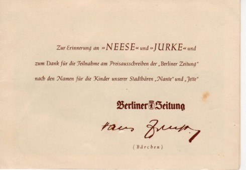 Klappkarte zur Taufe von Jurke und Neese 1952 im Berliner Bärenzwinger